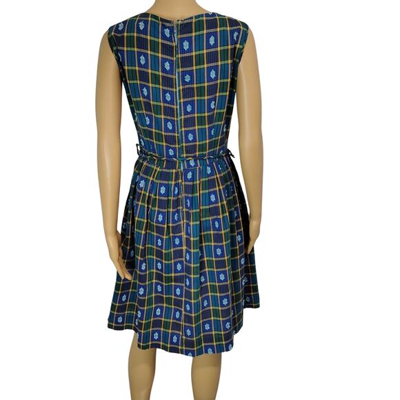 Belted Blue Green Plaid Vintage Hand Made Pleated Ribbon Tie Midi Dress Size S - Picture 7 of 8